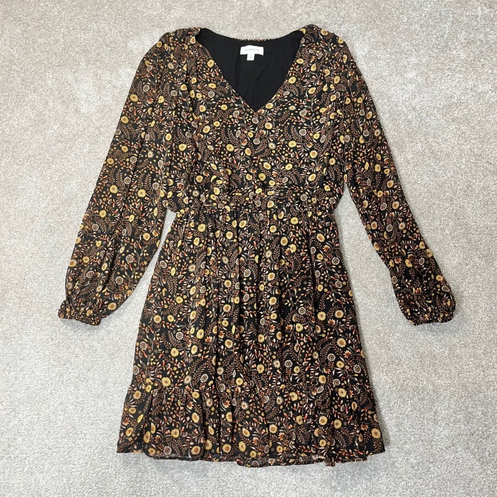 Evereve Floral Mini Dress Womens Small Black Orange Long Sleeve V-Neck - Picture 4 of 10